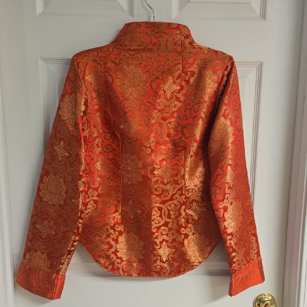 Vibrant Red and Gold Chinese Brocade Satin Jacket - Picture 4 of 5